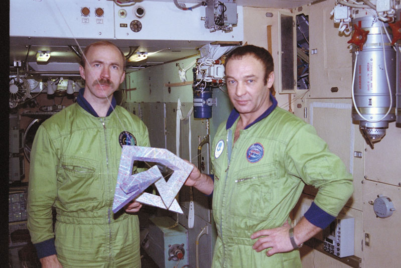 Cosmonauts Gennadi Manakov and Alexander Polischuk training with the Cosmic Dancer